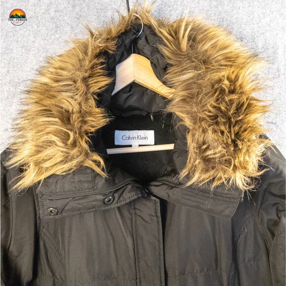 Calvin Klein Quilted Parka Jacket Black Puffer Faux Fur Trim Hooded Women's Sz L - Picture 3 of 16